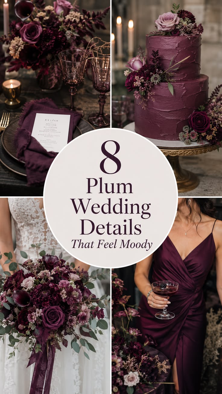Plum wedding details that feel moody with rich floral accent