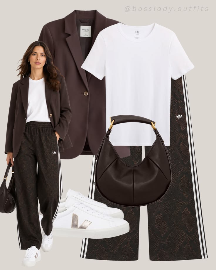 Blazer and track pants outfit idea for fall. Brown oversized