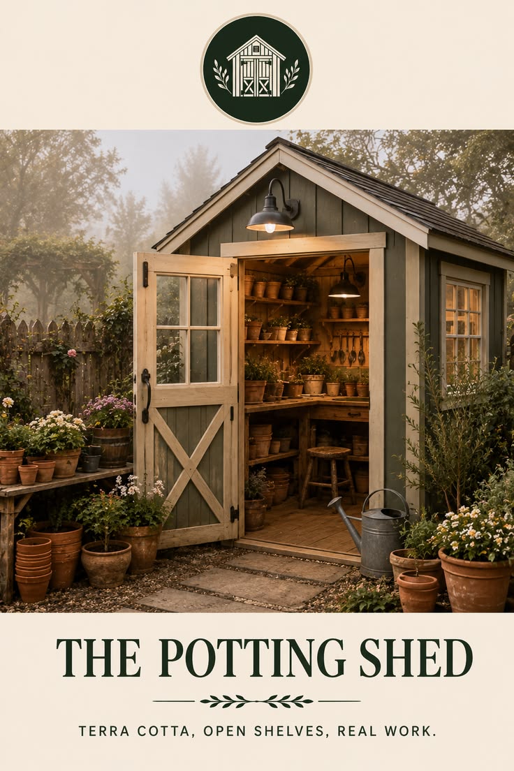 Garden potting shed with terra cotta pots and open shelves. 