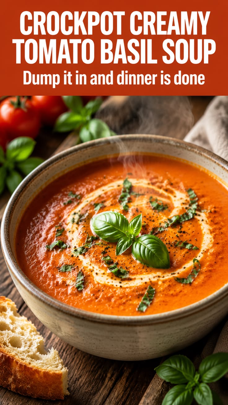 Crockpot Creamy Tomato Basil Soup — dump it in and dinner is