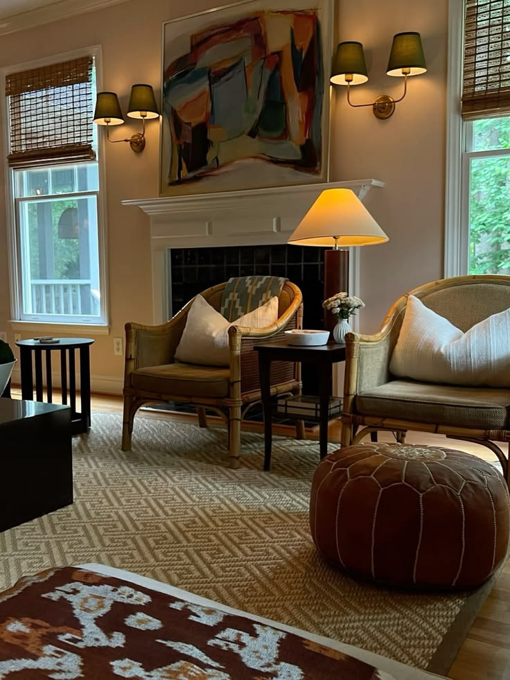 Bright, inviting living room with a central fireplace, lush 
