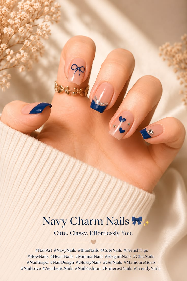 #NailArt #BlueNails #NavyNails #FrenchTipNails #BowNails #He