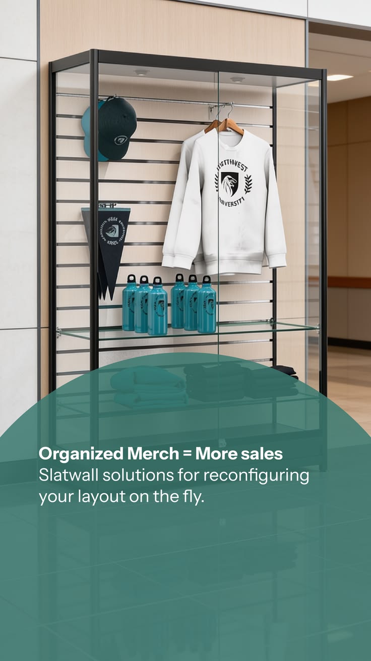 Campus gift shop inspiration — slatwall panels, a spinning d
