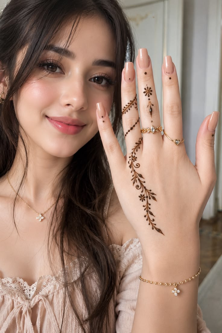 Minimal mehndi, glossy nude nails, dainty rings, and soft gi