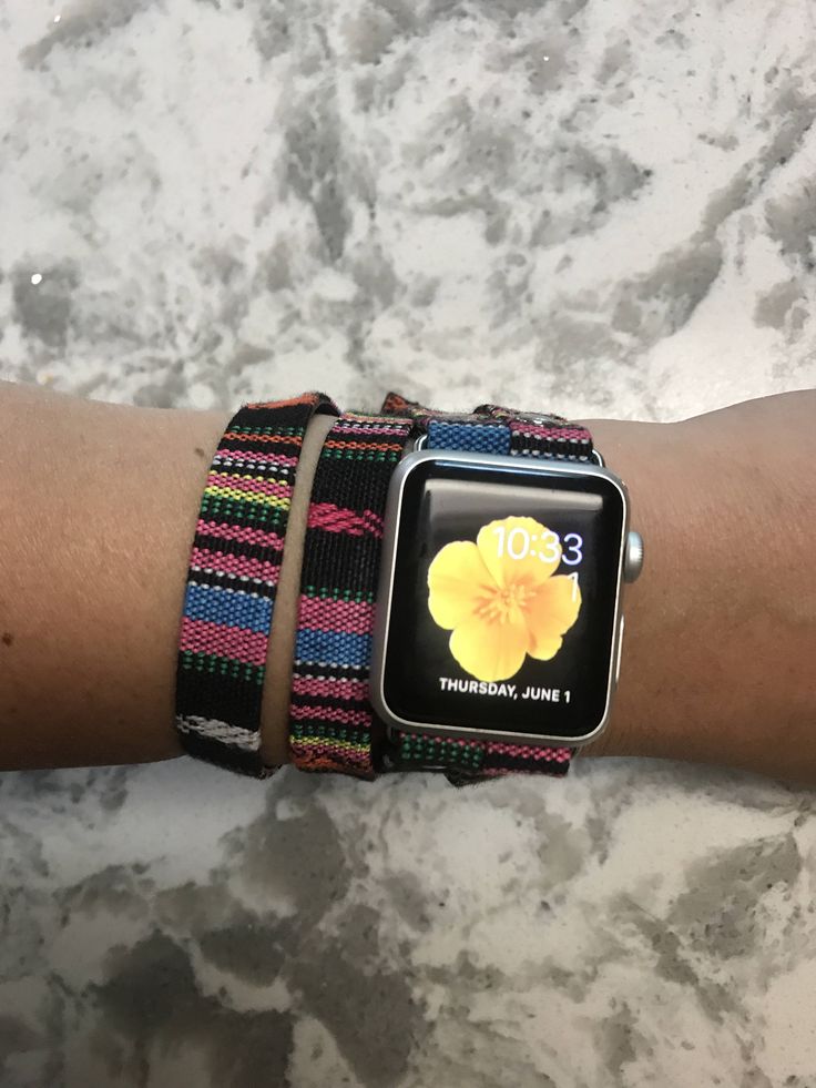 Woven cotton multicolor double tour Apple Watch band with pu