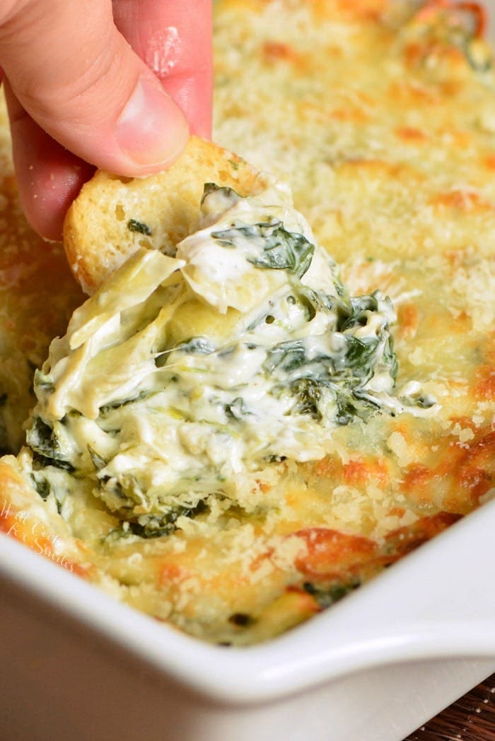 Creamy, cheesy dip made with spinach, artichoke hearts, crea