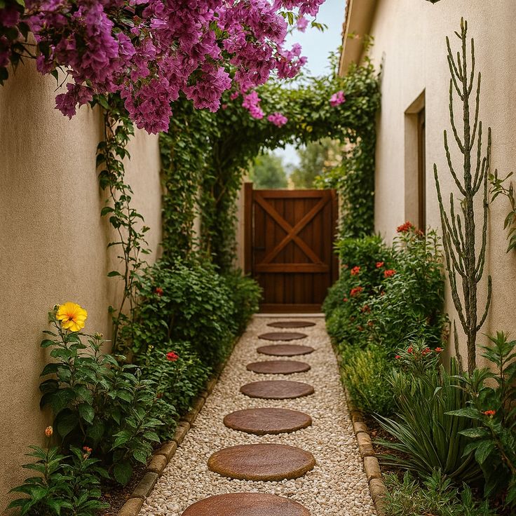 Discover this beautifully designed narrow garden walkway fea