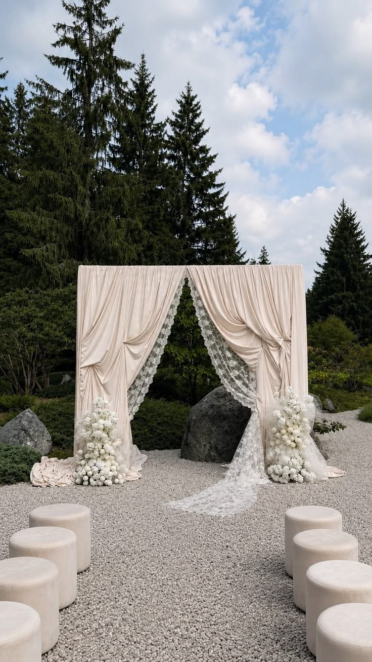 Delicate lace, flowing drapes, and romantic details come tog