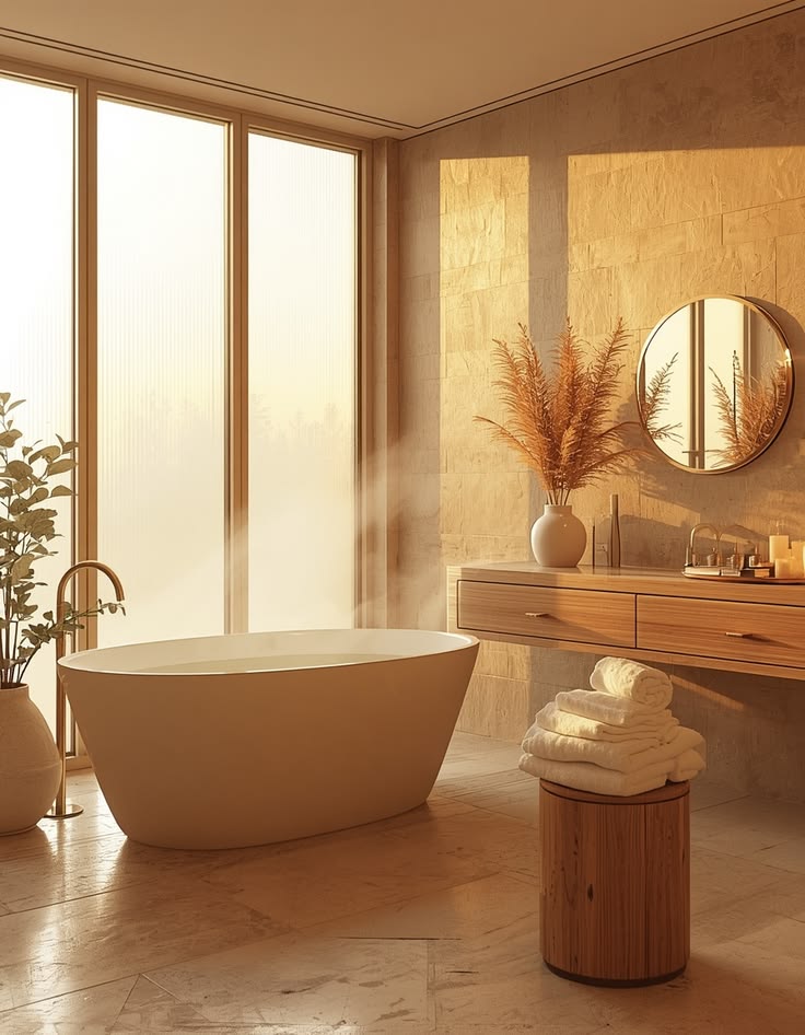 Bathed in warm golden-hour light, this spa-inspired bathroom