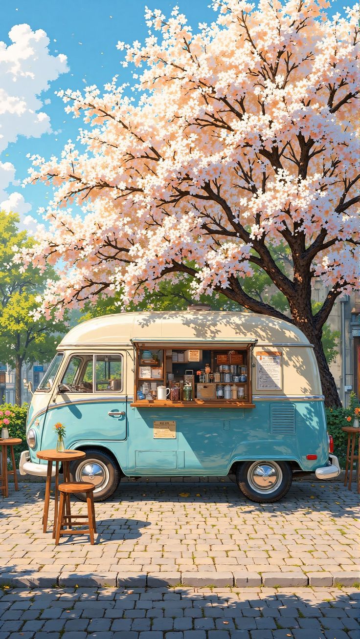 Bloom-on-wheels: cherry petals drift, espresso drifts faster