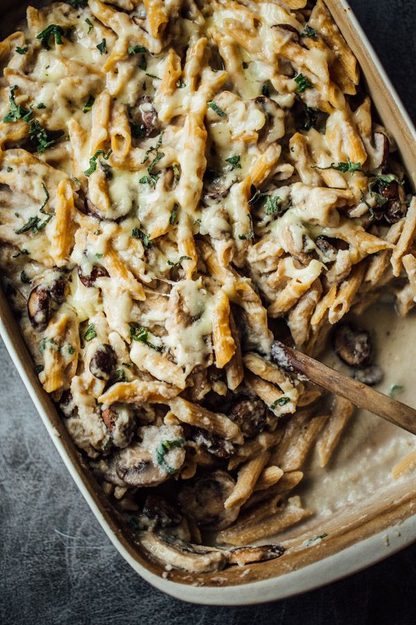 Healthy Mushroom Alfredo Pasta Bake with pan-roasted mushroo