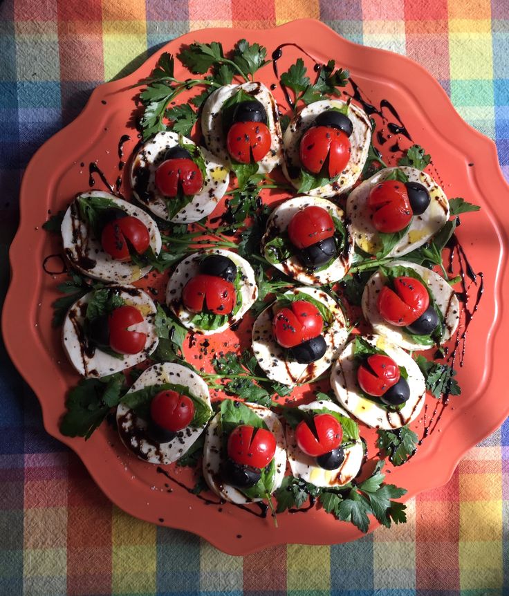 Caprese Ladybugs: Top mozz w S&P, balsamic glaze, basil. Hal