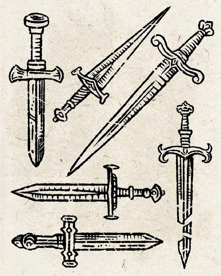 Medieval sword tattoo flash in engraving style. Fine line bl