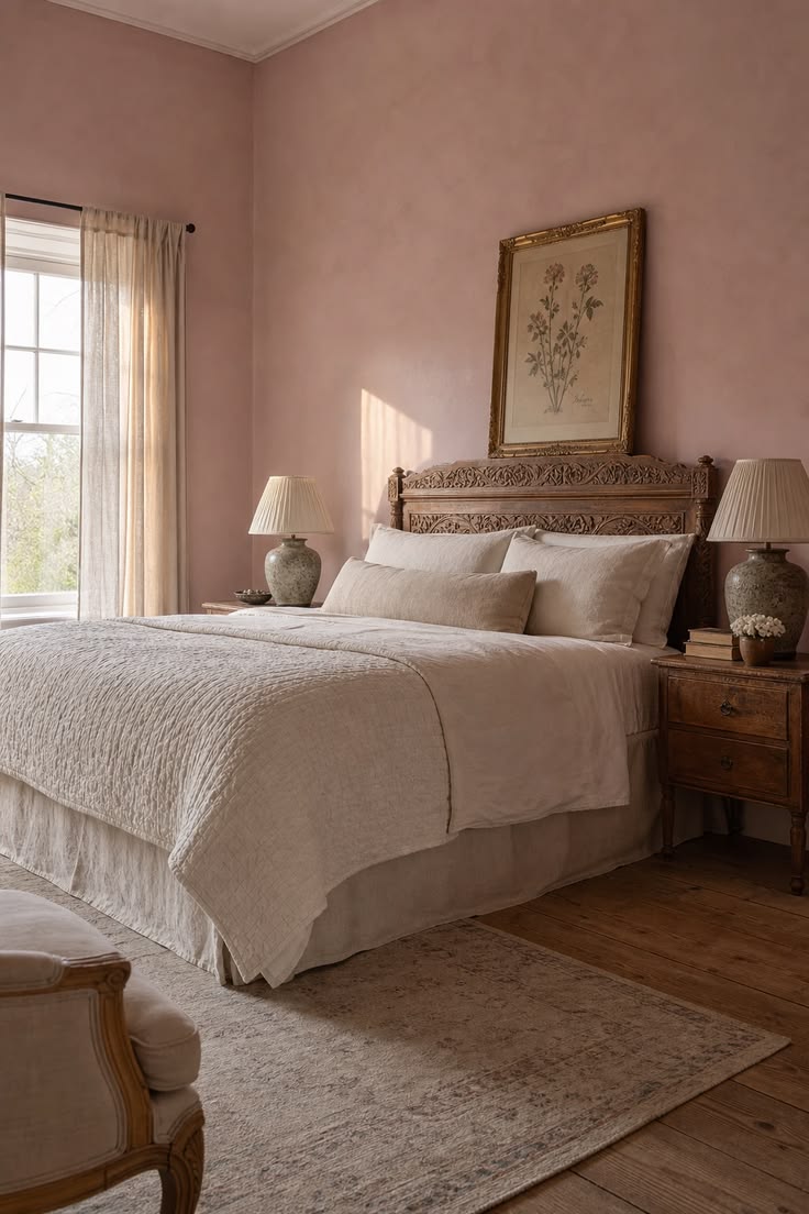 A pink English country bedroom with Farrow and Ball Peignoir