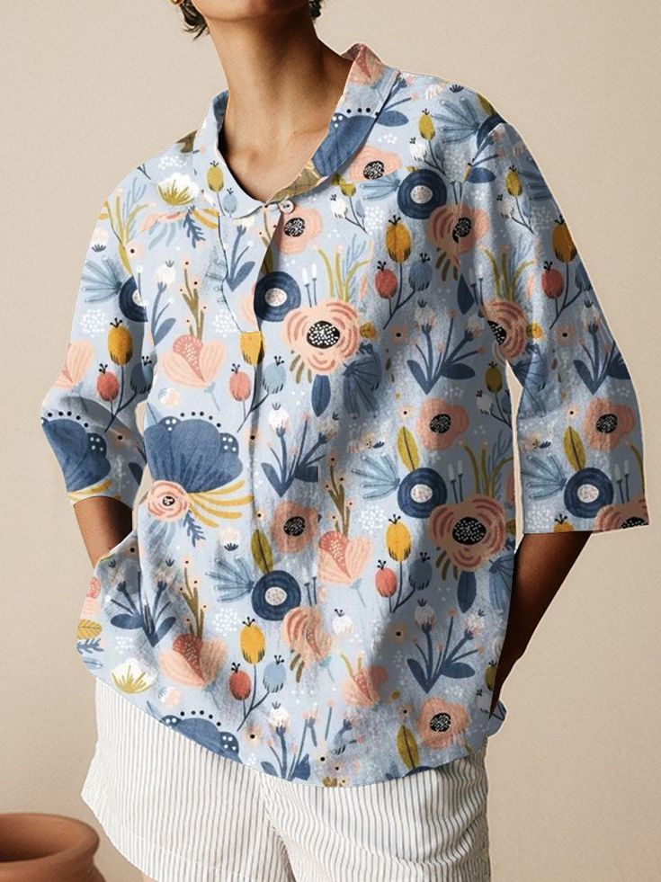 Women's Floral Art  Print Casual Linen Cotton 3/4 Sleeve Shi