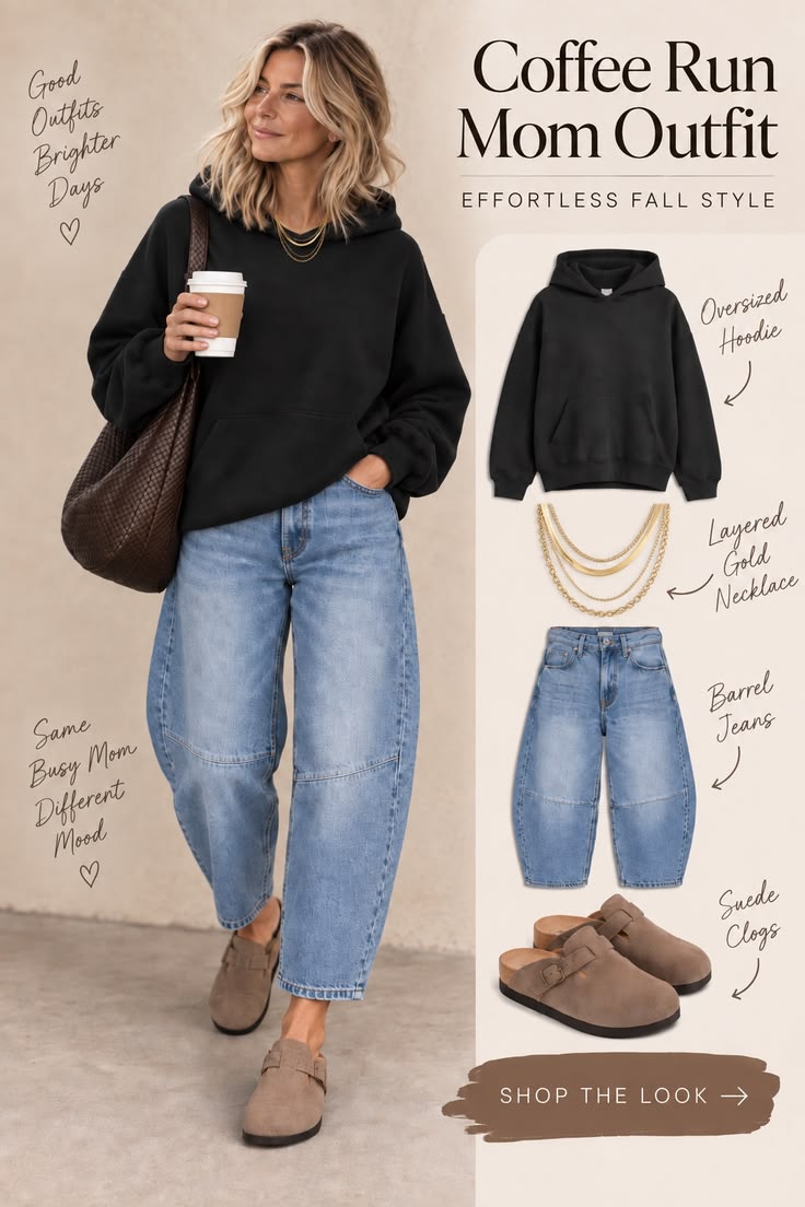 Easy fall outfit for busy moms 🤎 An oversized black hoodie, 