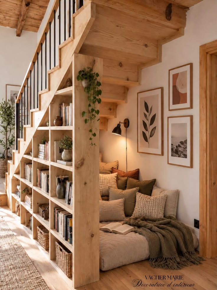 Explore a warm living room filled with bookshelves and styli