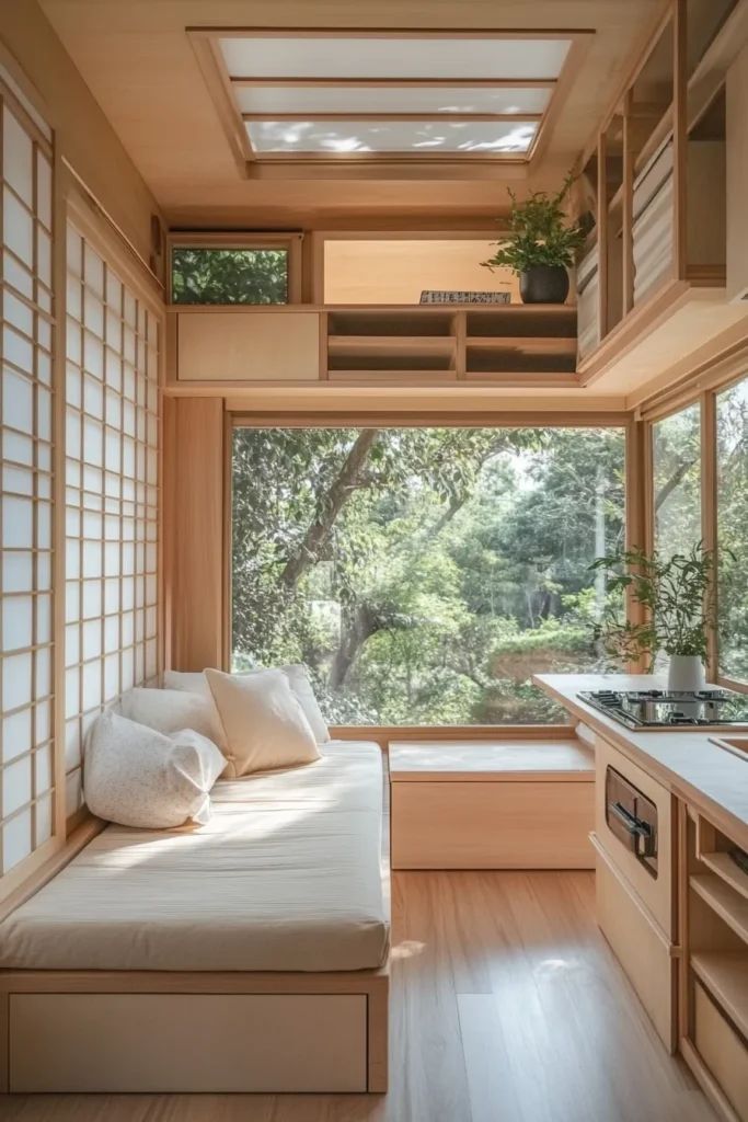 Minimalist tiny home interior with tatami mat low furniture 