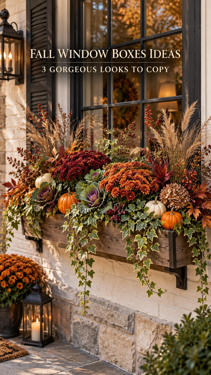 Discover beautiful fall window boxes ideas using mums, ornam