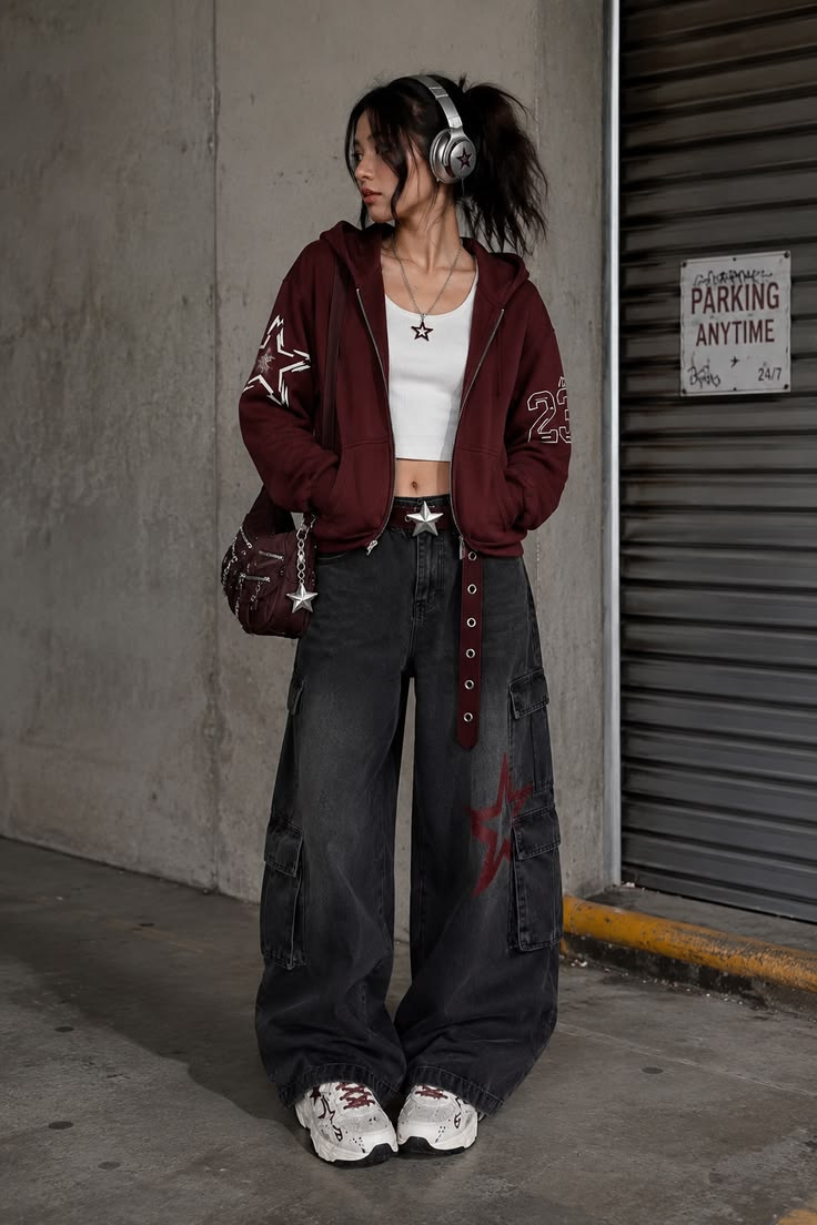 Level up your streetwear game with this bold burgundy Y2K-in