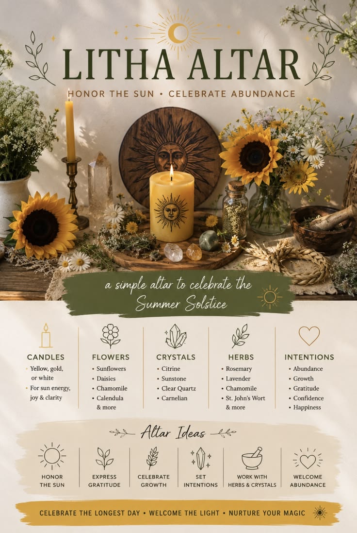 Create a simple Litha altar with sunflowers, candles, crysta