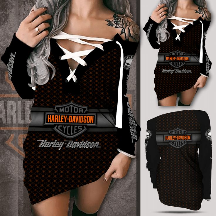 Harley-Davidson Off Shoulder Deep V-Neck Lace Up Long Sleeve