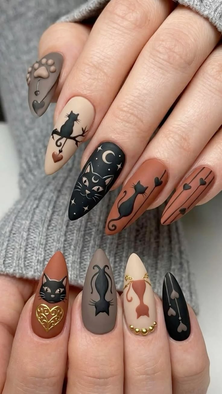 latest matte cat nail art design look featuring stylish cat-