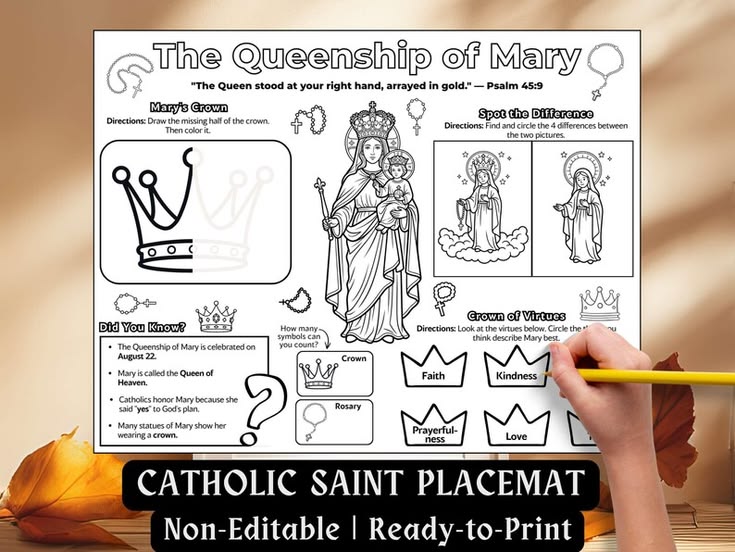 Queenship of Mary Activity Placemat Kids Catholic Saint Colo