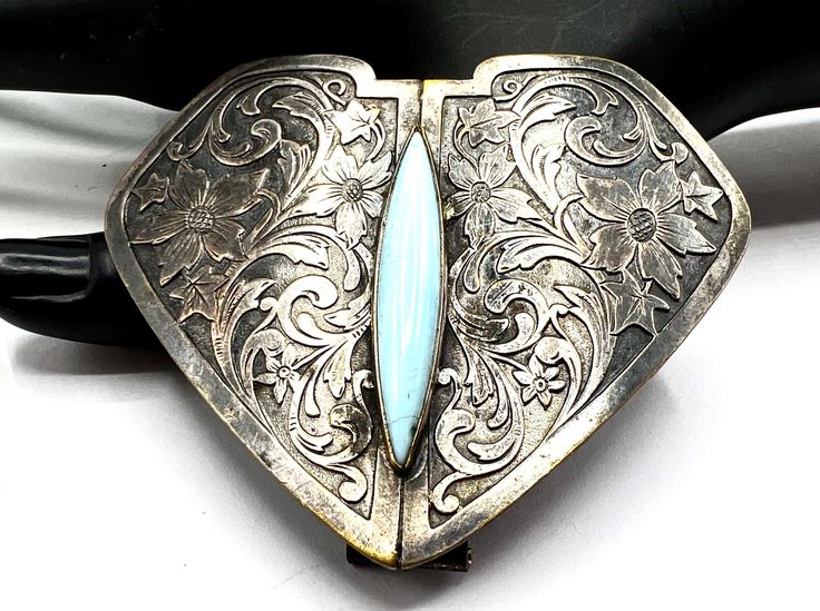 Vintage Silverplate Napkin Clip,  Heart Shaped,  Aqua Glass 