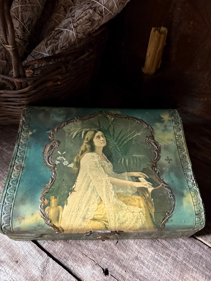 Antique Celluloid Jewelry Dresser Box - Lady Playing Piano P