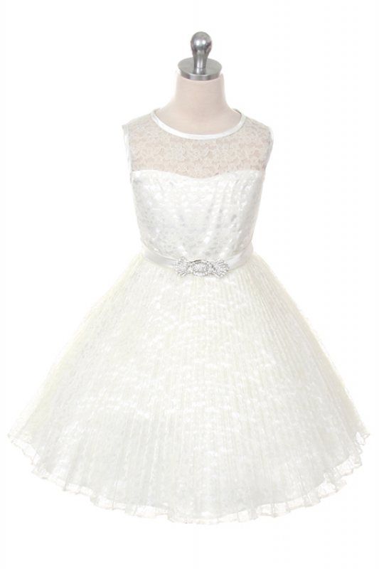 Lace Flower Illusion Top And Sunburst Skirt Girl Party Dress