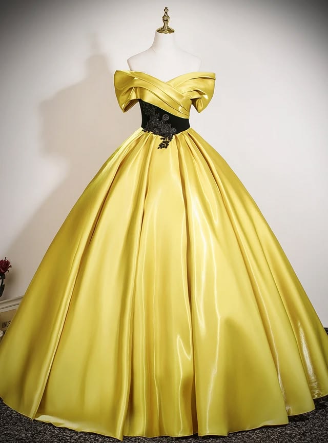 Yellow Satin Off the Shoulder Quinceanera Dress