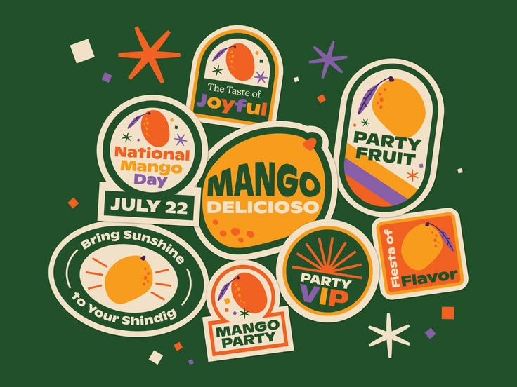 Customizable mango fruit stickers perfect for parties, gifts