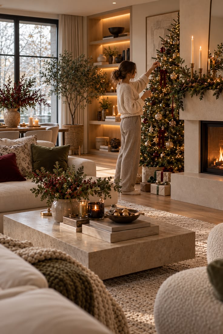 A quiet Christmas moment at home, decorating the tree beside