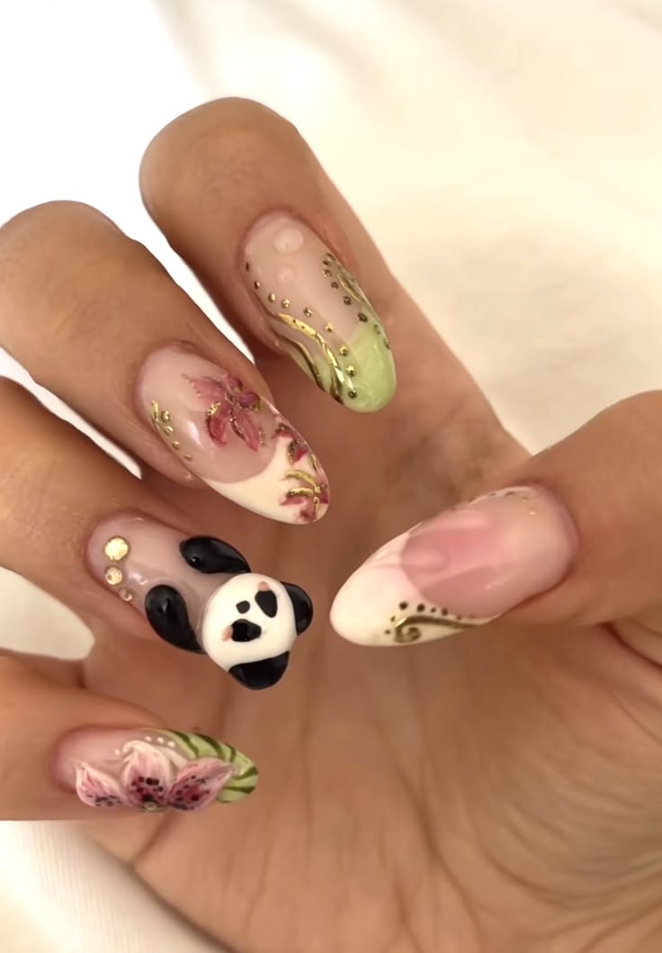 cute panda lily flower pink green almond nails