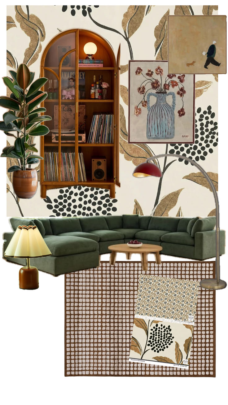 Peaceful Botanical layers soft gold leaves and inky dots ove