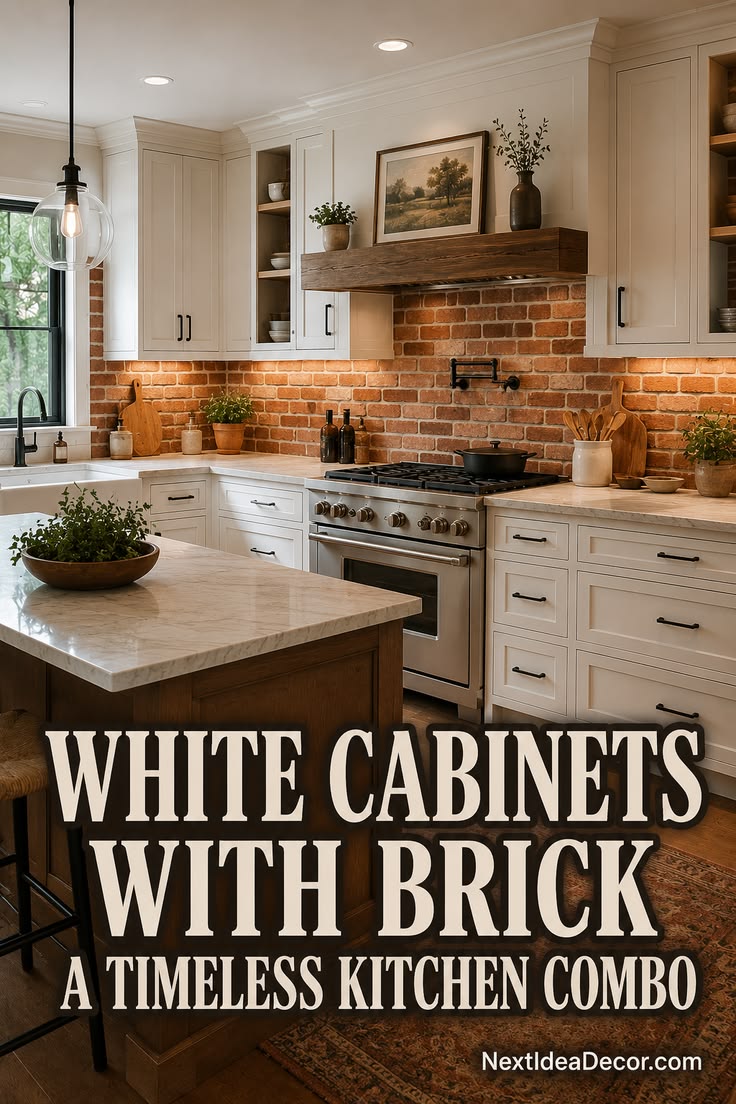 White cabinets with brick create a useful contrast between c