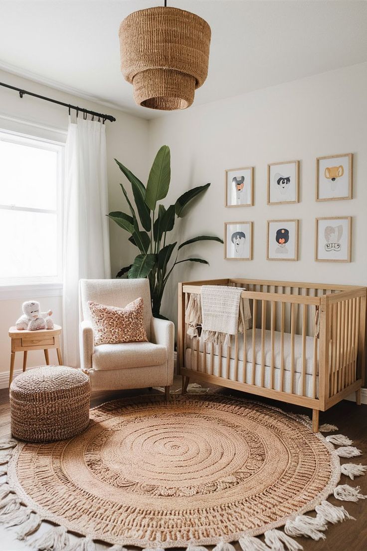 Style your nursery with a cozy beige boho rug that adds warm