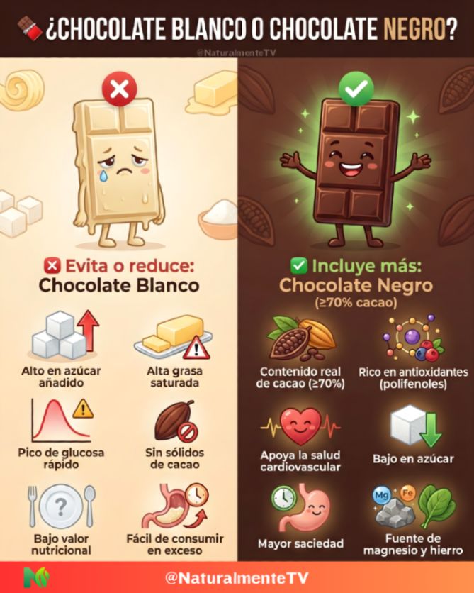 🍫 Chocolate blanco vs chocolate negro  
El blanco tiene alto