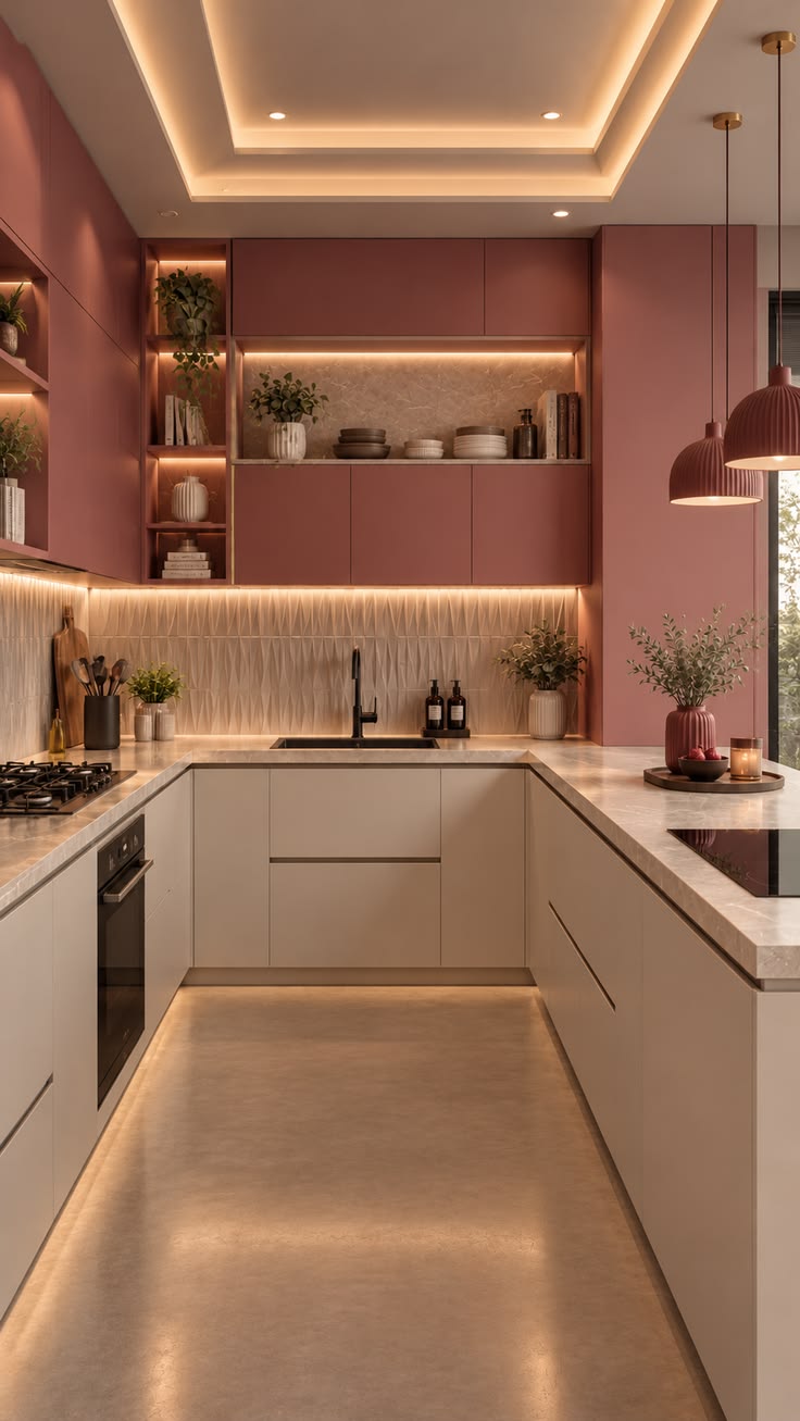A sophisticated modern U-shaped kitchen featuring a rich dus