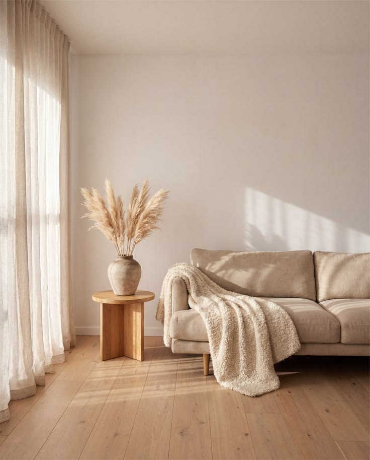 Discover the art of cozy minimalism with this serene living 