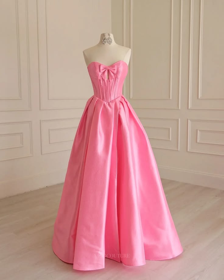 Pink Satin Prom Ball Gown with Bow-Front Corset and Keyhole 
