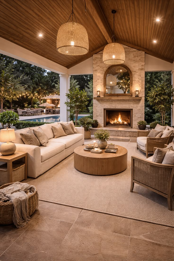 This warm modern covered patio features cozy neutral seating