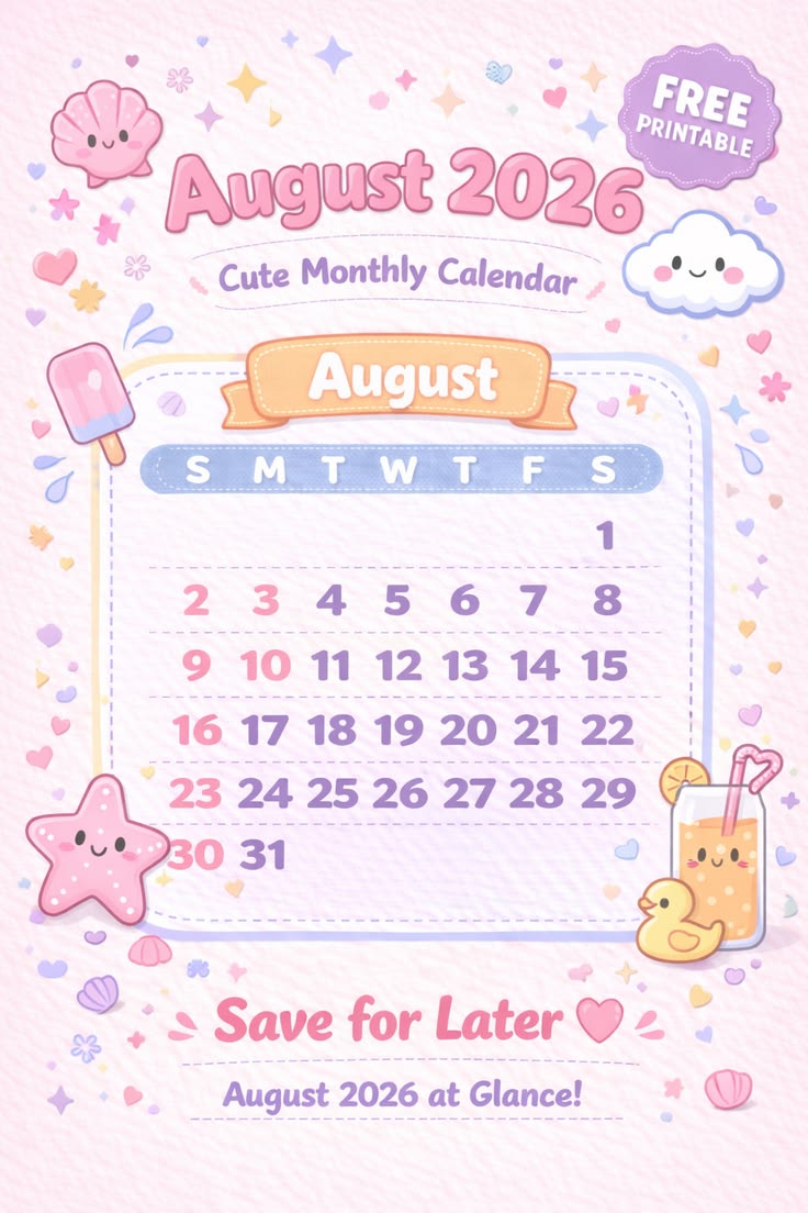 Stay organized with this cute August 2026 calendar printable