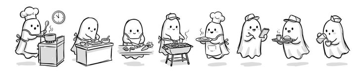 Set of cute ghost characters performing various professional