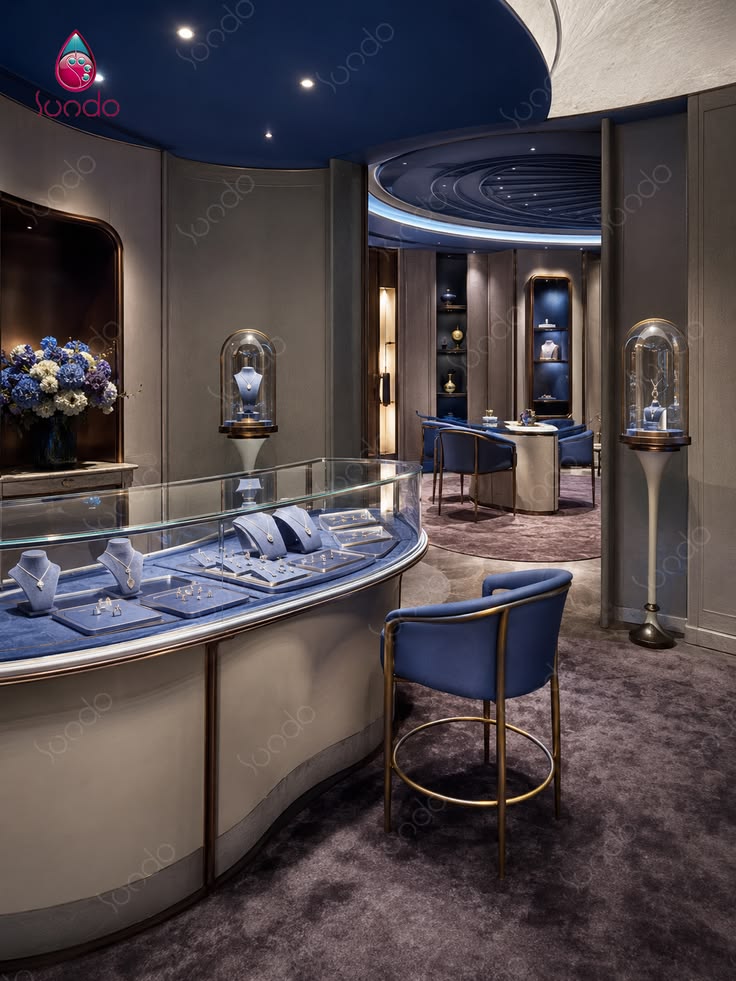 A sophisticated luxury jewelry boutique interior featuring c