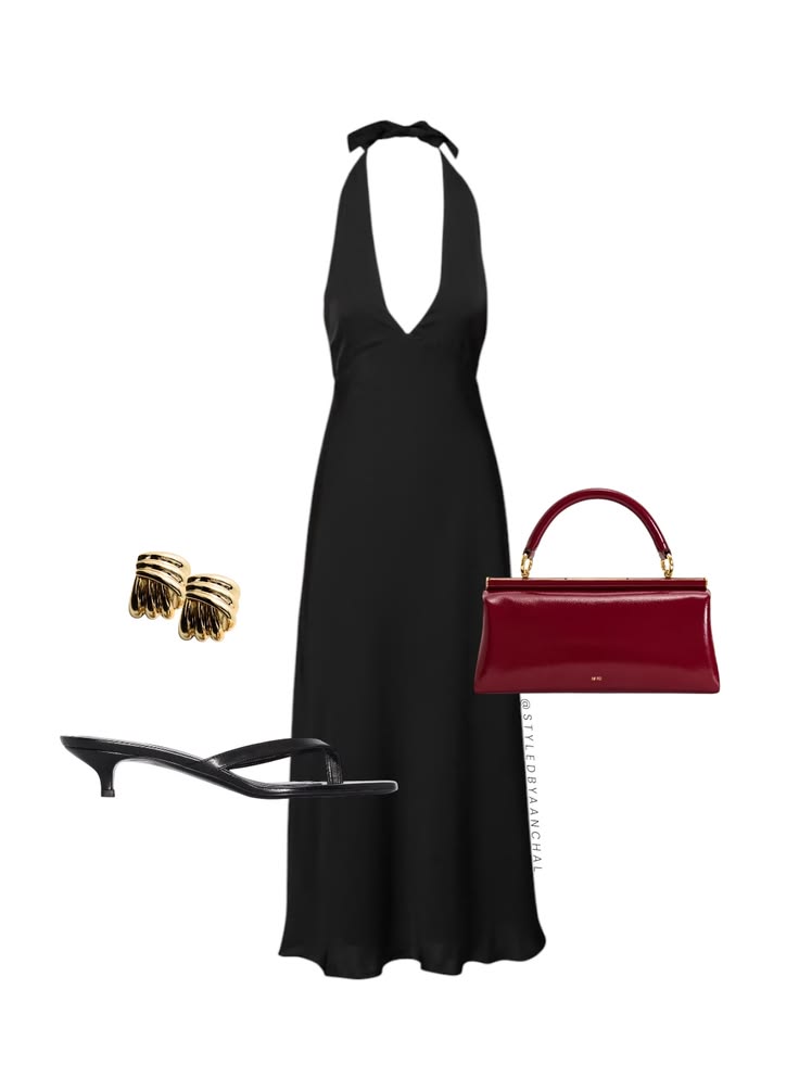 Black satin halter neck dress


Red bag
Black halter neck dr