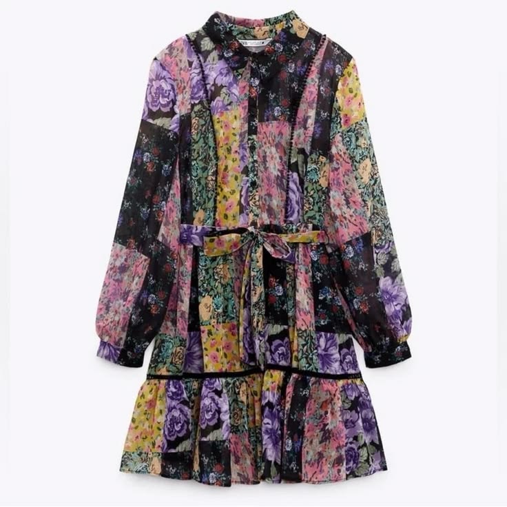 NWT Zara Amelia Patchwork Floral Tiered Mini Dress Size L Sh