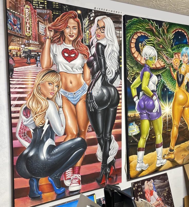 My painting of Spider mans girlfriends Gwen Stacy Black cat 