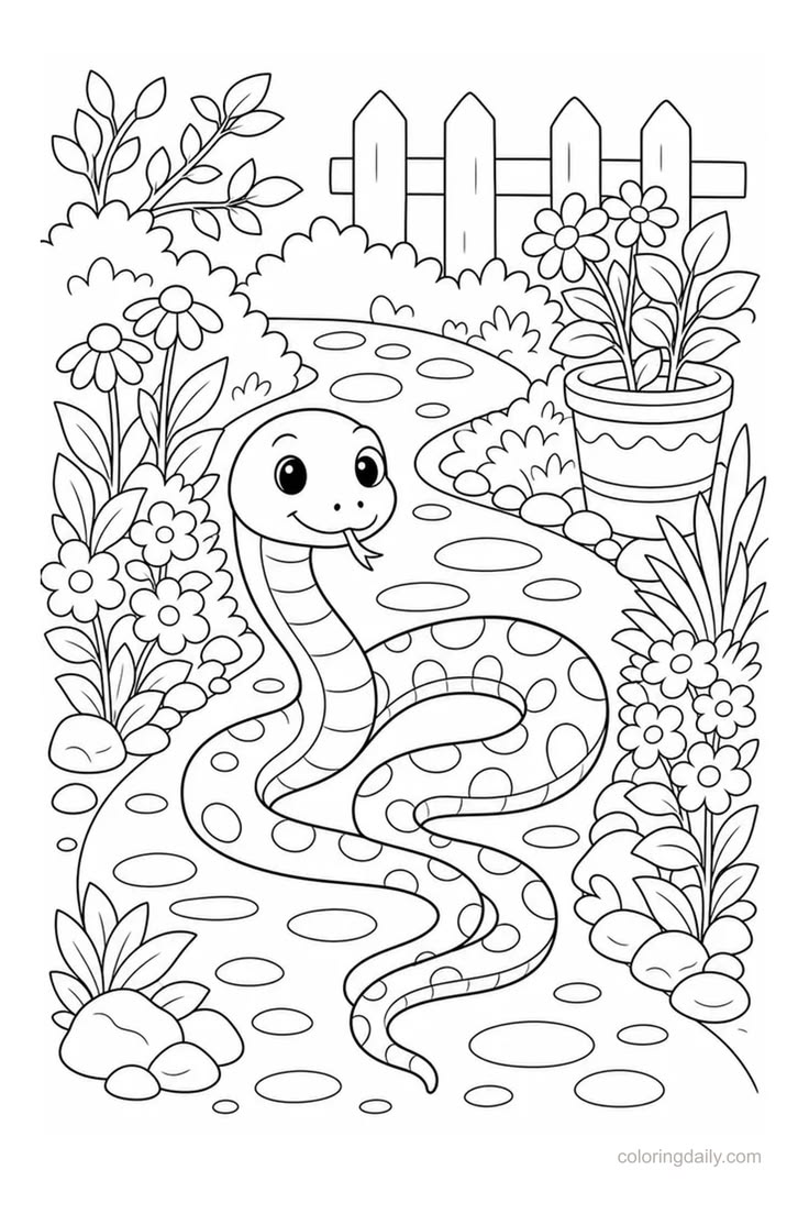 Free printable Smiling Snake on a Garden Path Coloring Page 
